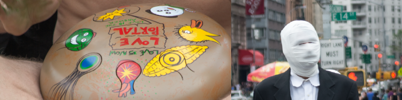 Two color photographs from left to right: 1) a light brown smashed-sphere object painted with cartoonish duck, corn, panda and other figures that surround the words "Love Portal" in red letters. These are upside down. 2) a person walks down a busy New York City street wearing a suit and a white shirt, their entire face and head is covered in white cloth.