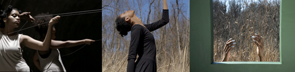 In the first image, two young Black women in loose-fitting white dresses are holding strings which go somewhere unseen. In the second, one of the women from the first photo is seen in a field in autumn, leaning all the way back with her eyes closed. Her right arm is pointing down, left arm held aloft. The third photo looks outdoors through a rectangular opening in a green wall (or door?). On the other side, a pair of hands with pointy long silver fingernails reaches up from below, surrounded by small stalky plants growing in a natural setting.