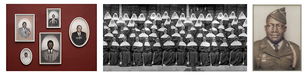 The first photo is of an array of framed photographs hung on a maroon wall showing different portraits of people, with three rectangular frames and two oval frames. The second image is a formal portrait of 60+ nuns wearing long black dresses and white head coverings. The third image is a chest-up portrait of an older African American man in full military uniform. His cap at a jaunty angle, looking slightly to the side, with the hint of a smile on his otherwise serene face.
