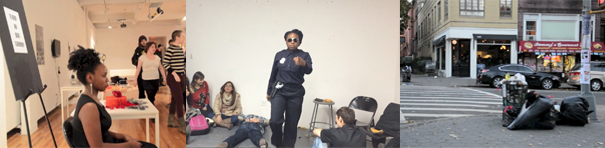 A youthful African-American woman sits front and center in profile, facing right, her long hair piled atop her head. To her left, several audience members file into a white-walled room with an easel holding a large pad of paper and three white tables holding various objects. The second photo shows the same woman, dressed as a police officer, with a badge, and matching blue top and pants. She is seen moving and pointing forward, surrounded by three people seated on the floor, one lying down on their back, an empty stool, and two empty folding chairs. The third image is a daytime still life of a street corner—perhaps the East Village in Manhattan?—with several large black bags of garbage sitting next to a corner trash can, under a street lamp. Parked cars and a restaurant are in the background. No people are visible in the urban scene.