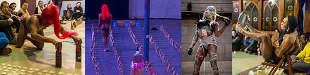 The first of four images shows a seated audience observing a naked performer with long red artificial hair crawling away from them while grasping the top of two brown bottles. The second image depicts the same artist on a blue-lit stage, walking alone amid rows of brown bottles and other props. In the third image, wearing black gloves and a wig of white braided hair, the artist is wrapped, face and all, unevenly in whitish cloth with a bottle stuffed down their "corset." The fourth image shows them sitting in a wooden folding chair while holding a round metal tray between their feet, looking at their image reflected therein.