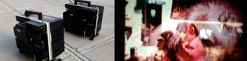Two color photos from left to right: 1) two big black analog film projectors sitting on a sidewalk 2) A blurry still of a film that shows several figures in pink in an interior setting.