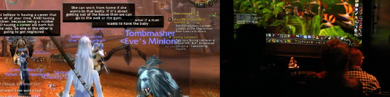 Two stills from a video game-like animation from left to right. 1) A figure wearing all white with long white hair is seen from the rear in the foreground. Other creatures lurk in the orange landscape. In purple, the words "TOMBMASHER EVE'S MINONS" can be read. Other text boxes are visible however the words are blurred. 2) a photo of a darkened theatre with people watching an animation featuring a jungle-like scene with text.