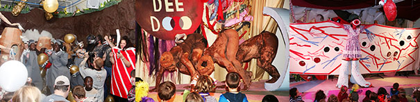 These three complex photos depict crowded scenes. The first appears to be a jam-packed party in a ballroom, with golden balloons afloat among a crush of costumed revelers, including one person with her head and arms sticking out of a broad, rectangular red-and-white striped costume. The second shows three prancing actors close together in matching mottled brown body suits, bending down with their posteriors high, with children in the front row of an auditorium. On the stage background the words “DEE DOO” can be seen, the two letter Os look like eyeballs. The final image shows a solitary actor on stage, wearing a scuba mask, arms and legs spread wide, in front of a red, white, blue, and black banner that seems to have been made by children.