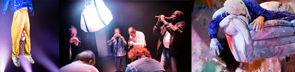 Image one shows a person leaping off the ground and out of frame, above purple spotlights. The person wears white sneakers, loose golden pants, and a blue puffy jacket—it is unusual because the person's head is hanging upside down between the knees. The second wider image shows four people on stage, each playing a musical pipe—two audience members look on and a large white canvas tote bag hangs from above. Image three is of a mottled blue couch floating midair, with a single white-wigged figure reclining on it, one hand gloved, one bare, with their head lolling on the armrest.