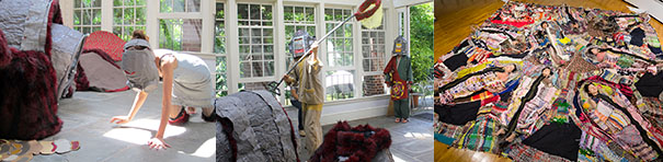 The first of three photos shows a woman in a sleeveless white shift, on her hands and knees facing forward. Her face is completely covered by a pale gray hood through which only her brown hair protrudes. She is in a window-lined room filled with sculptural objects that resemble camping tents. The second image shows two figures standing in the same room—one stands in the back in a celadon and red artistic outfit, the other is centered in the frame, holding a very long pole ending in a circular net, raised as if ready to swoop it down to capture a flying creature. They each wear what could be beekeeper head coverings. The final image depicts a wildly-patterned hand-sewn "crazy quilt" on a parquet floor.