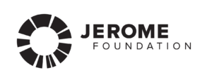A logo for Jerome Foundation. On the left is an incomplete circle composed of different sizes of segments of circles. On the right the word “JEROME” is in bold black letters directly above the word "FOUNDATION" in a light font, all on a white background.