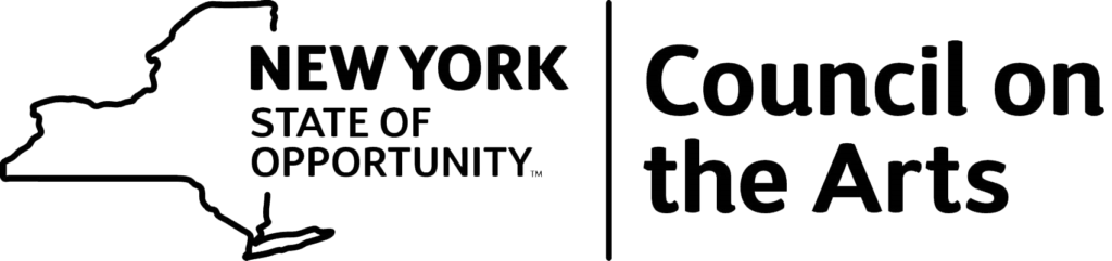 A black-on-white logo features the outline of the shape of New York State, containing the words “NEW YORK,” forming two phrases: “New York State Council on the Arts” and “New York State of Opportunity."