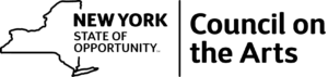 A black-on-white logo features the outline of the shape of New York State, containing the words “NEW YORK,” forming two phrases: “New York State Council on the Arts” and “New York State of Opportunity."