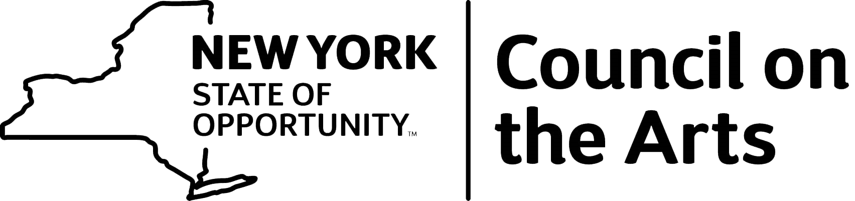 A black-on-white logo features the outline of the shape of New York State, containing the words “NEW YORK,” forming two phrases: “New York State Council on the Arts” and “New York State of Opportunity."