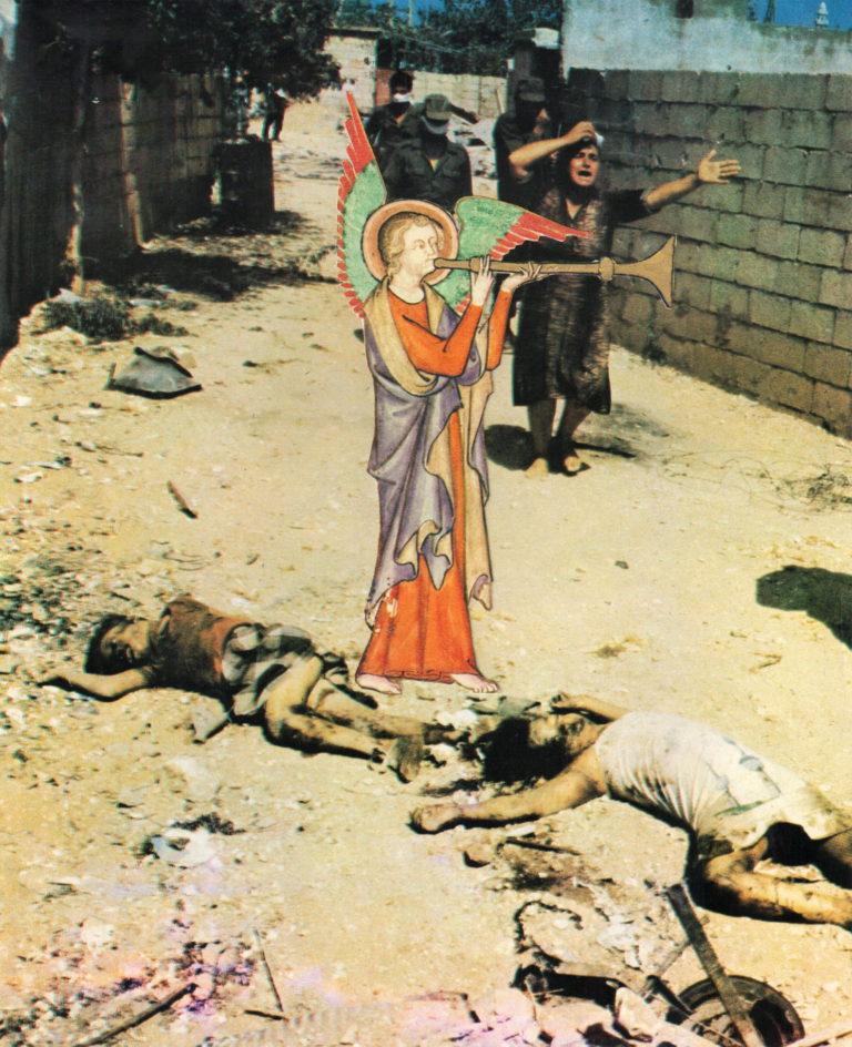 A color photo collage of a scene of death. There are two dead human bodies on the sandy ground. A person in the background raises their hands. Superimposed is an angel figure, drawn in the style of medieval manuscripts, with orange and green wings and a orange and purple garment, playing a trumpet.