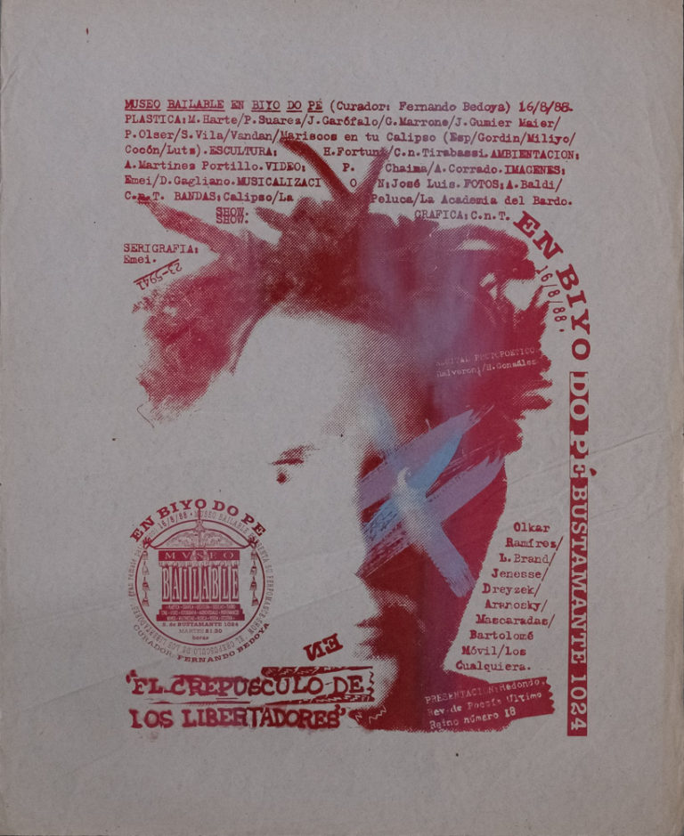 A red duotone, overexposed image of a person's face, appears at the center of dense text, printed also in red. The bottom left is the largest and most legible, and reads "FL.CREPUSCOLO DE LOS LIBERTADORES"