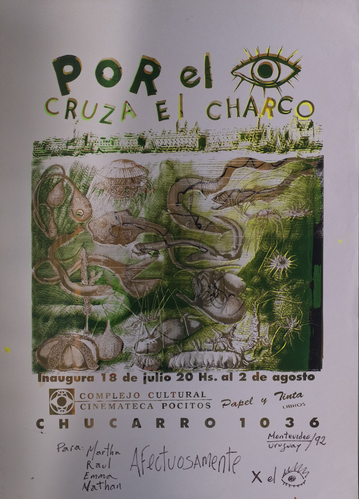 A poster for an event titled "Por el [drawing of an eye] Cruze el charco" Below these words is a acid green and brown image of sea creatures, and beneath this image are dates and logos.