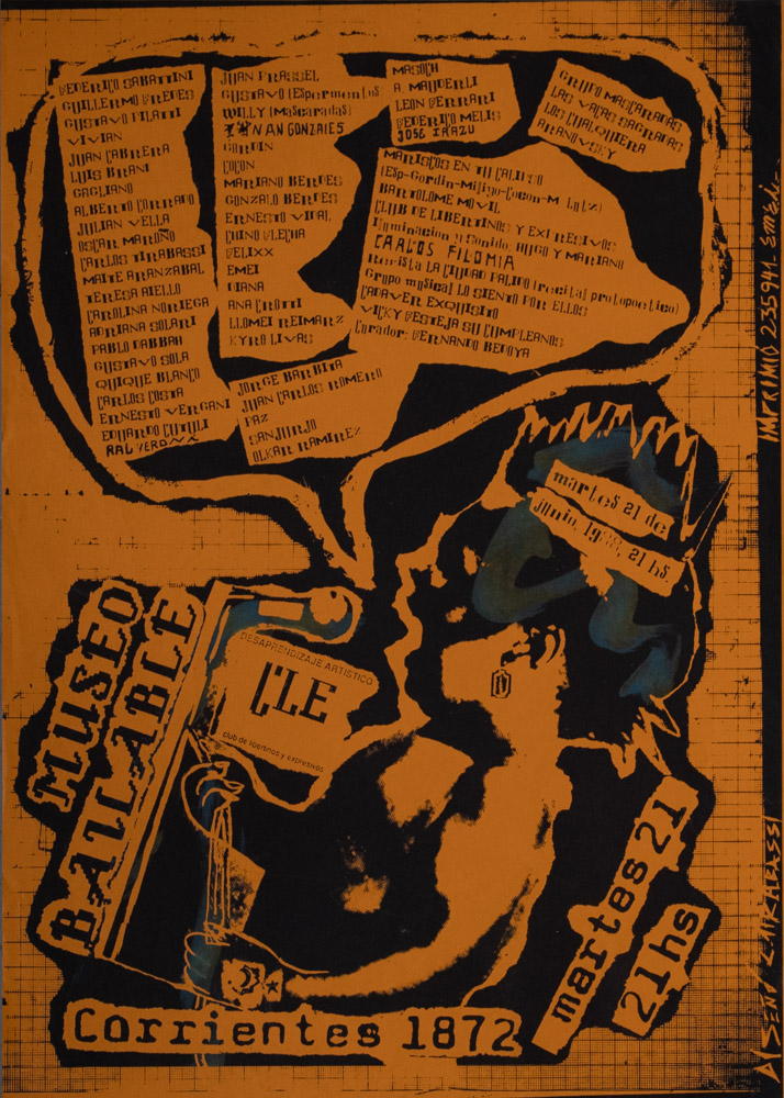 An orange-and-black silk-screened poster with an image of a baby in profile, with either a crown or spiky hair, has its mouth open and a large word bubble above contains dense text. The baby is cradled by text that reads in black lettering "MUSEUM BAILABLE Corrientes 1872 Martes 21 21 hs"