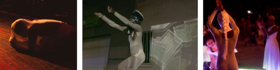 Three photos left to right: 1) a human figure in chiaroscuro lighting, encased in fine netting hunched, on a wood floor; 2) A black-and-white photo of a person with both arms raised and knees bent, performing in front of a projection; 3) A person performs with their back to the camera, a long blonde braid hangs down their back. Other figures punctuate the dark in the surrounds.