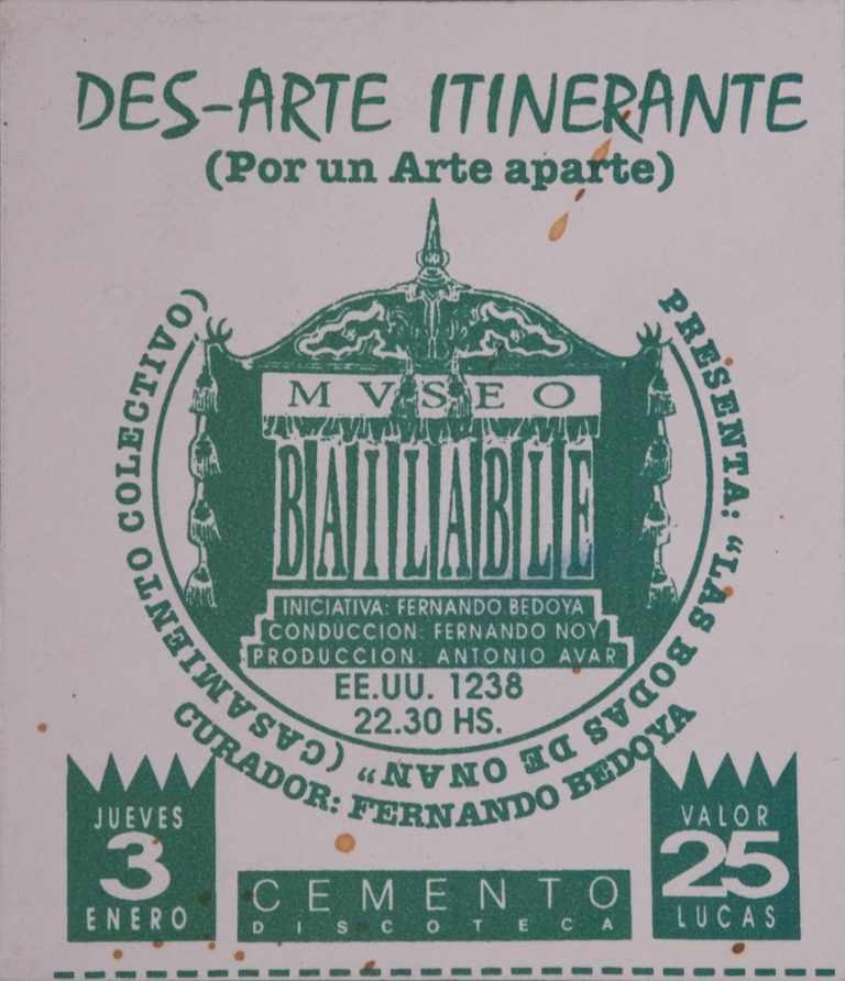 A flyer for an event called Museo Bailable with a coat-of-arms-like insignia at the center in a dusty green ink. Text in this same green surrounds the insignia with dates and other information about the event.