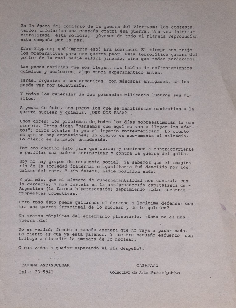A letter written on a white piece of paper. It is typed in courier font and is in Spanish expressing resistance to nuclear war. It is signed by CADENAANTINUCLEAR and CAPATACO, Collectivo de Arte Participartivo.