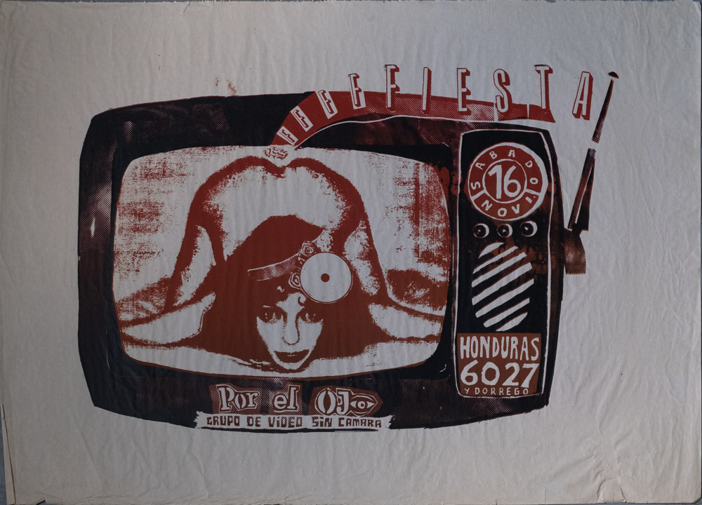 A red- and-black silk-screened poster or flyer for Por El Ojo that features a drawing of an old fashioned television. On its screen is an image of a naked woman in child's pose, with her chin resting on the ground in front of her so she is looking at the camera with her butt in the background. Emerging from between her butt cheeks in bold block letters is "FFFFFFIESTA!"
