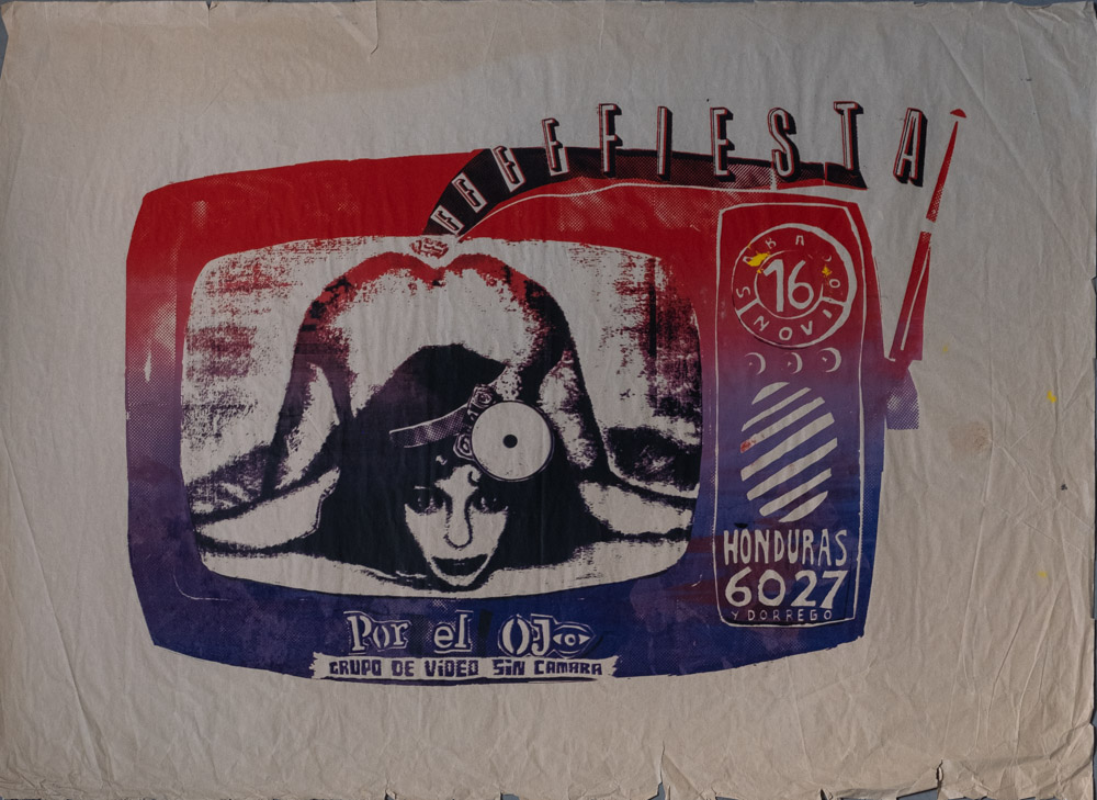 A red, purple, and black silk-screened poster or flyer for Por El Ojo that features a drawing of an old fashioned television. On its screen is an image of a naked woman in child's pose, with her chin resting on the ground in front of her so she is looking at the camera with her butt in the background. Emerging from between her butt cheeks in bold block letters is "FFFFFFIESTA!"