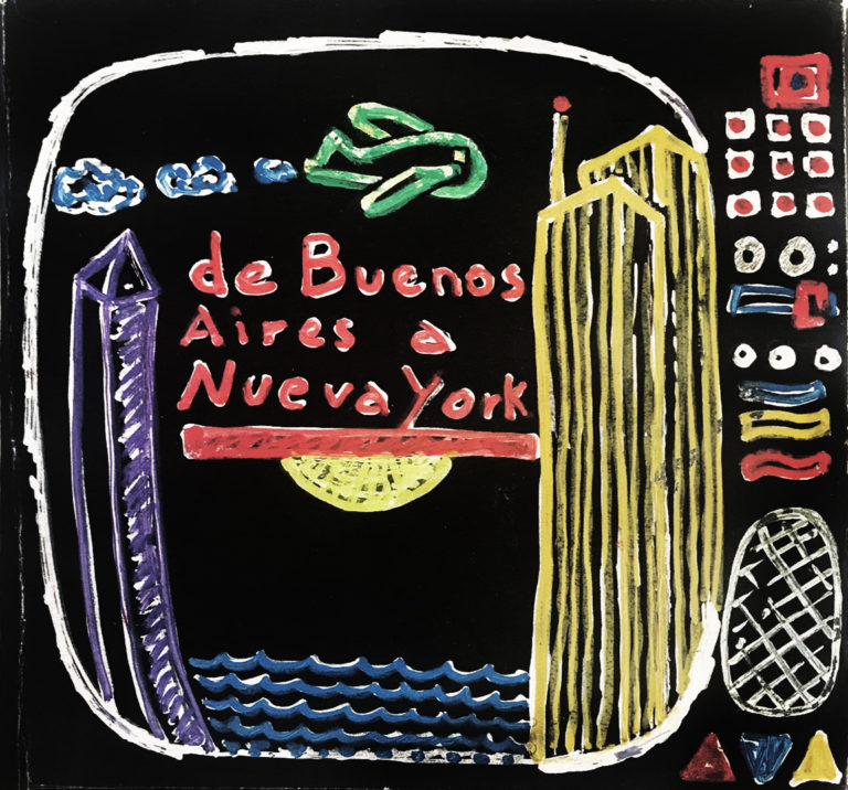 A child-like drawing of bright colors (red, green, yellow, purple and blue) of an old fashioned black television set. On its screen are images of skyscrapers with the ocean and a plane flying in between. Below the green plane are the works "de Buenos Aires a Nueva York" in red.