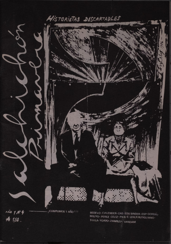 A black-and-white poster for "Historias Descartables" featuring a wood-cut-like image of a man and woman sitting side by side on a bench with abstract shapes above them.