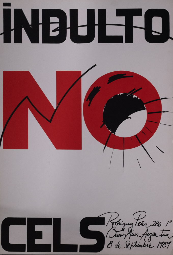 A white page with the text iNDULTO NO CELS on it. The text is black except for the word NO which is red. The O in NO is turned into the face of a yelling person, and there is a signature on the bottom right corner of the page.