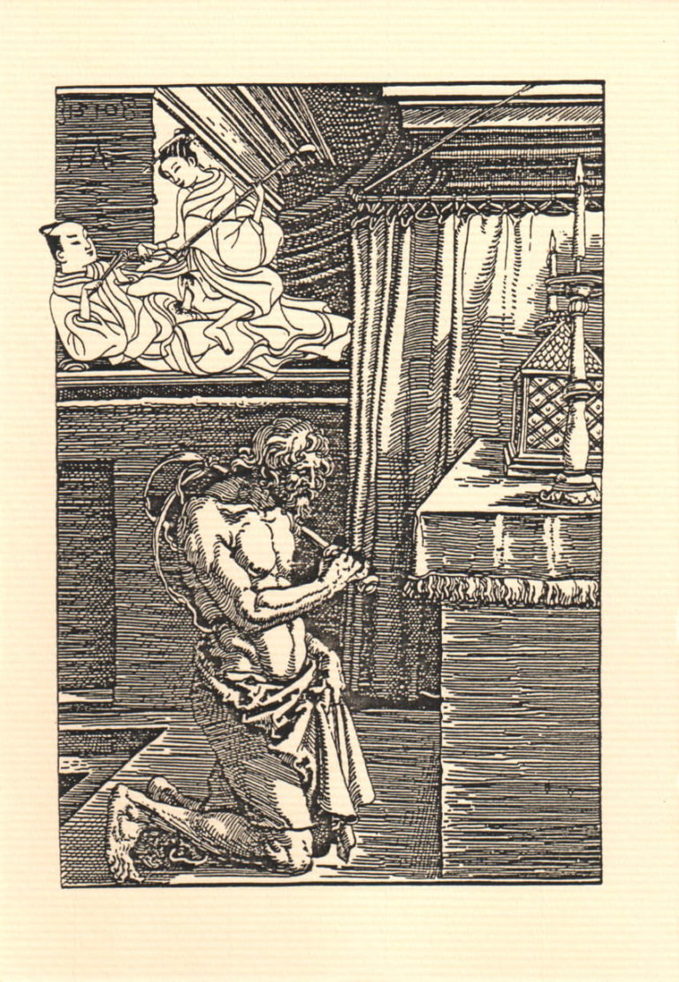 In a black ink drawing or etching on pale yellow paper, a disheveled man kneels before a shrine while above him there are two robed figures, an Asian man and woman. The former is rendered in classical European Renaissance style, and the latter in the classical style of Japanese prints.