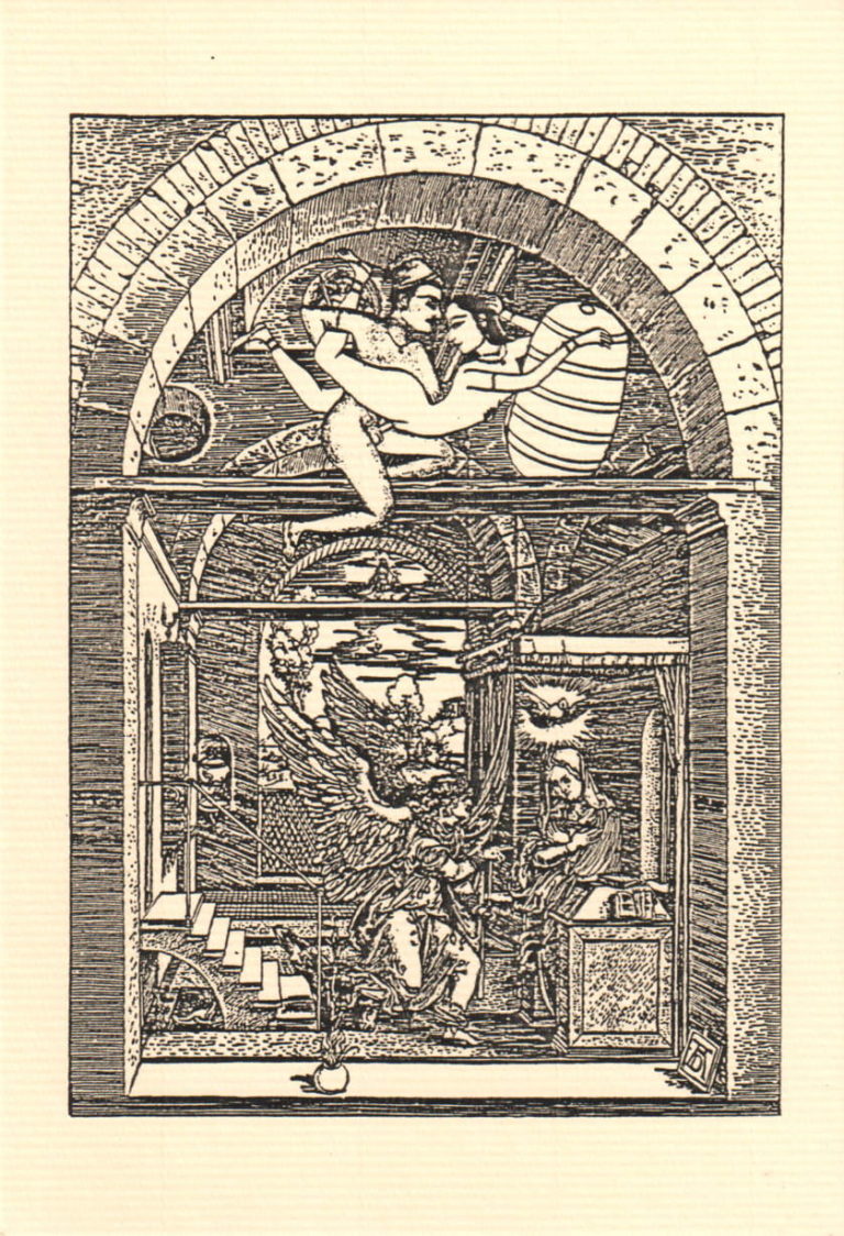 In a black ink drawing or etching on pale yellow paper, an architectural arch frames a a scene of a winged angel kneeling before a robed woman sitting on her bed, a classical depiction of the annunciation of Mary's pregnancy by the archangel Michael. In the half moon of the archway above, man and woman make love as the woman holds a barrel-like form. The former figures are rendered in European Renaissance style and the latter in classical Mughal and Indian style.