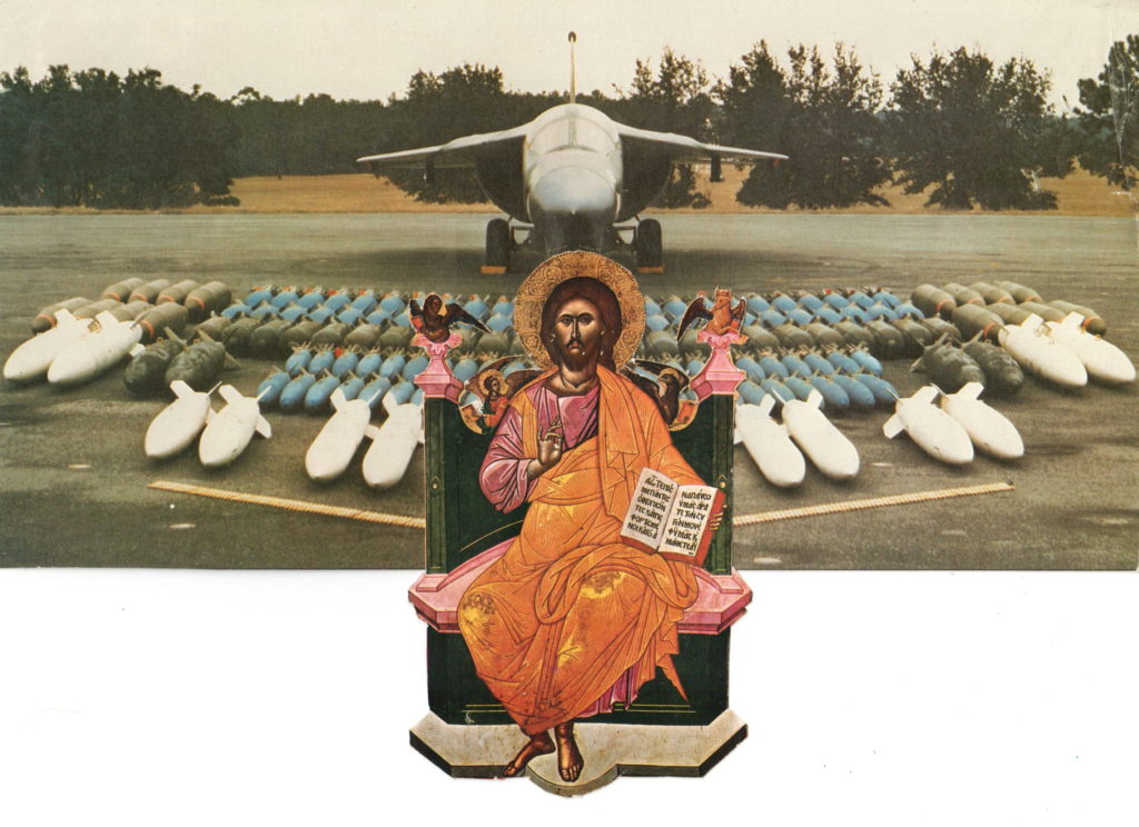 A photo of a bomber airplane seen head-on. It is parked on an airstrip with an symmetrical array of large and small bombs on the tarmac in front of it. Superimposed on top of the bottom portion of this collaged image is a European Medieval image of Jesus Christ on a throne, his hands in a pose of blessing.