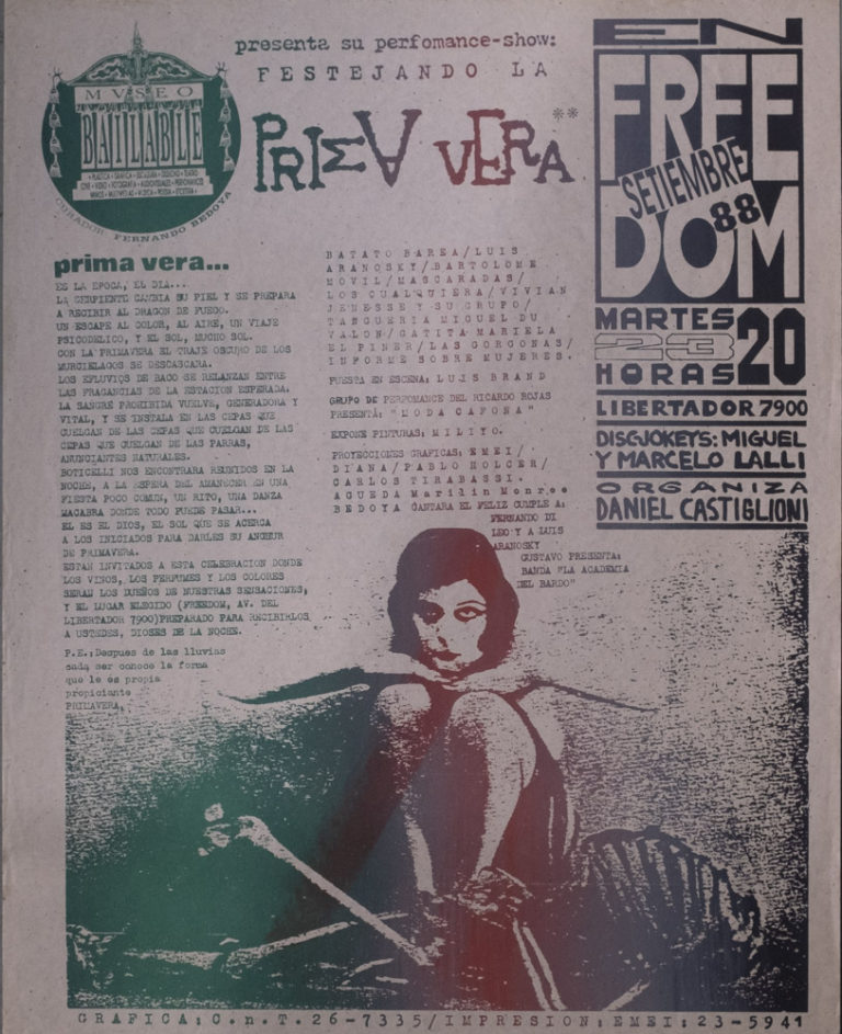 A silk-screened poster for a Museo Bailable event with an image of a woman sitting with her knees up such that she is resting her chin on them. She faces the camera and sits behind a reclining skeleton. Text occupies the top two thirds of the poster, elements of which provide dates and times. The words "Prima Vera" and "Freedom" are most prominent. f