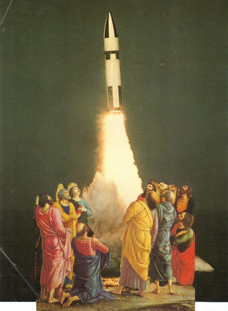 A photo collage of a rocket launch. At foot of the launcher, where the smoke from the blast is widest, European Renaissance male figures surround the launch site, and look up at the rocket in reverence.