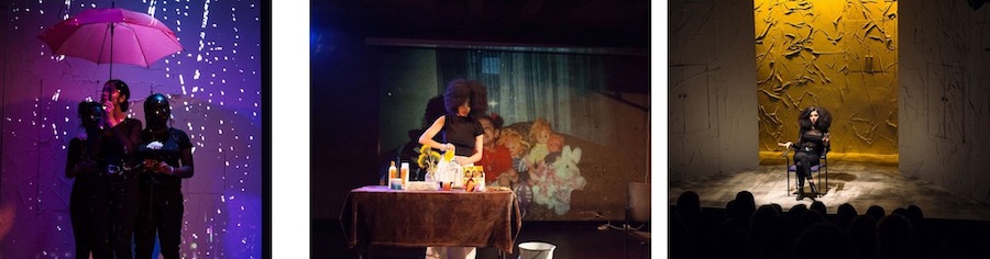 Three photos from left to right: 1) two people standing in the dark under a purple umbrella, bathed in dark purple light. Rain seems to be falling around them. 2) A woman with an Afro stands behind a dining table cooking or assembling ingredients. A video is projected behind her. 3) A woman with poufy hair sits wearing all black in front of a darkened audience. Behind her is a yellow backdrop.