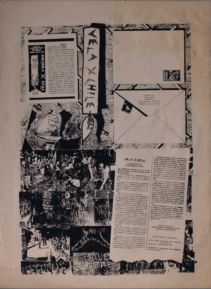 A black-and-white collage of several posters, some are images, some are pages of text, there is also a closed envelope and a black postcard. There is a vertical banner with horizontal text that says VELAXCHILE on it.