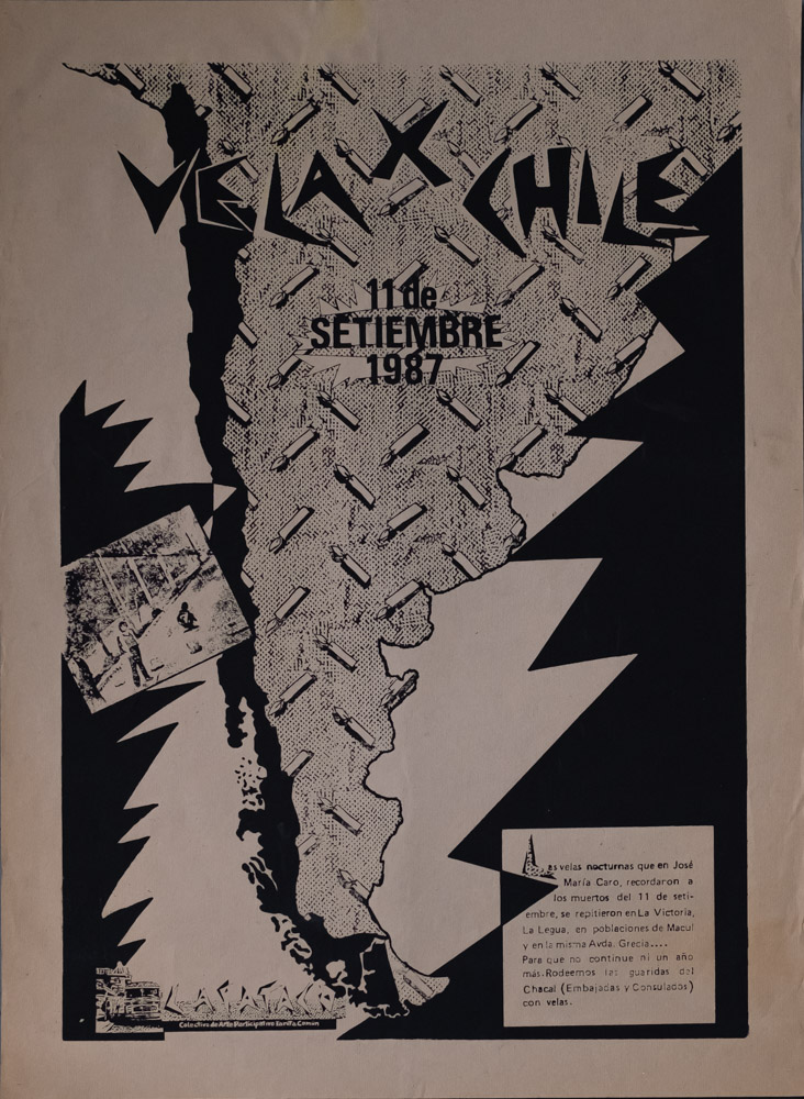 A black-and-white image of a map of South America at the center covered in drawings of bombs. There are black-and-white graphics to either side of the outline of Chile in jagged, lightning patterns. Across the top it reads, "Velax Chile" in pointy black lettering followed by "11th Setiembre 1987" beneath it.
