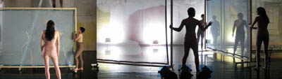Two photographs of a performance from left to right: 1) two figures wearing body-slimming body suits stand in relation to a large, framed partition. 2) Large, framed partitions, with translucent fabric, are being moved and touched by additional figures. They are silhouetted by a strong light.