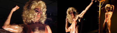 Three color photographs of a performer from left to right: 1) taken from the chest up, this person doesn't wear a shirt, their skin is shiny. They wear a big, blond, curly wig and unusual mauve eye-mask. 2) This same person is captured from the waist up, with their left arm extended diagonally up, as in a body-building pose. 3) This same figure photographed from the shin up, wears a bodybuilding garment over their oiled, muscular body. Their left arm touches their head.