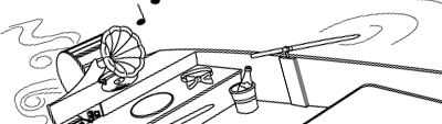A black-and-white schematic drawing of an old fashioned gramophone sitting on a counter next to a round object and a bucket with a bottle in it. Notes emerge from the gramophone and there are curvy swirls surrounding the central image.