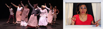 Two color photos left to right: 1) a group of Black women on stage, wearing long, cotton dresses and skirts in beige, brown and white. They all look to the left of the image, their right arms raised in protest or cheering. 2) a still of a video of a Black woman wearing a red shirt, lipstick, and nail polish. She seems to be standing and speaking from a curtained window.