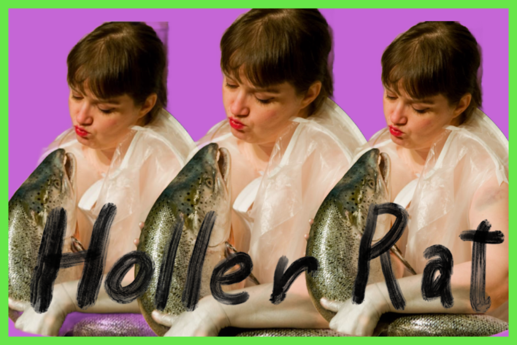 Three images in a line close together of a woman about to kiss a fish with large black text that says Holler Rat in hand-drawn letters over the top of the images